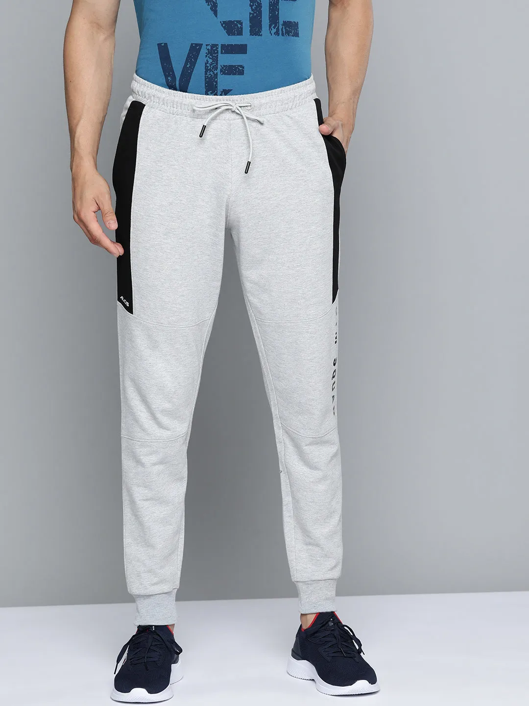Alcis Men Grey Melange Typography Printed Track Pants