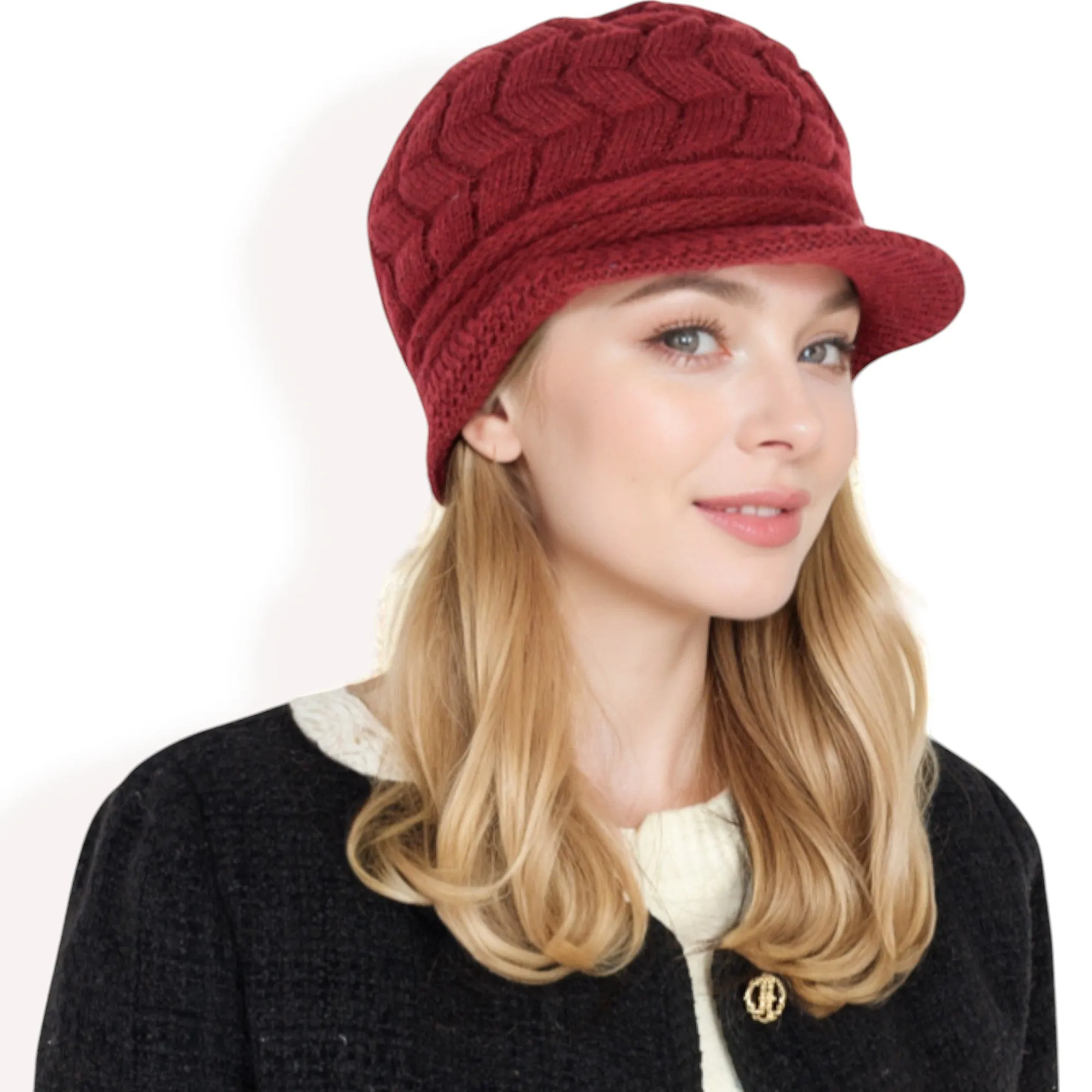 Anna-Kaci Women's Knitted Newsboy Cap with Braided Cable Pattern and Stylish Brim Design