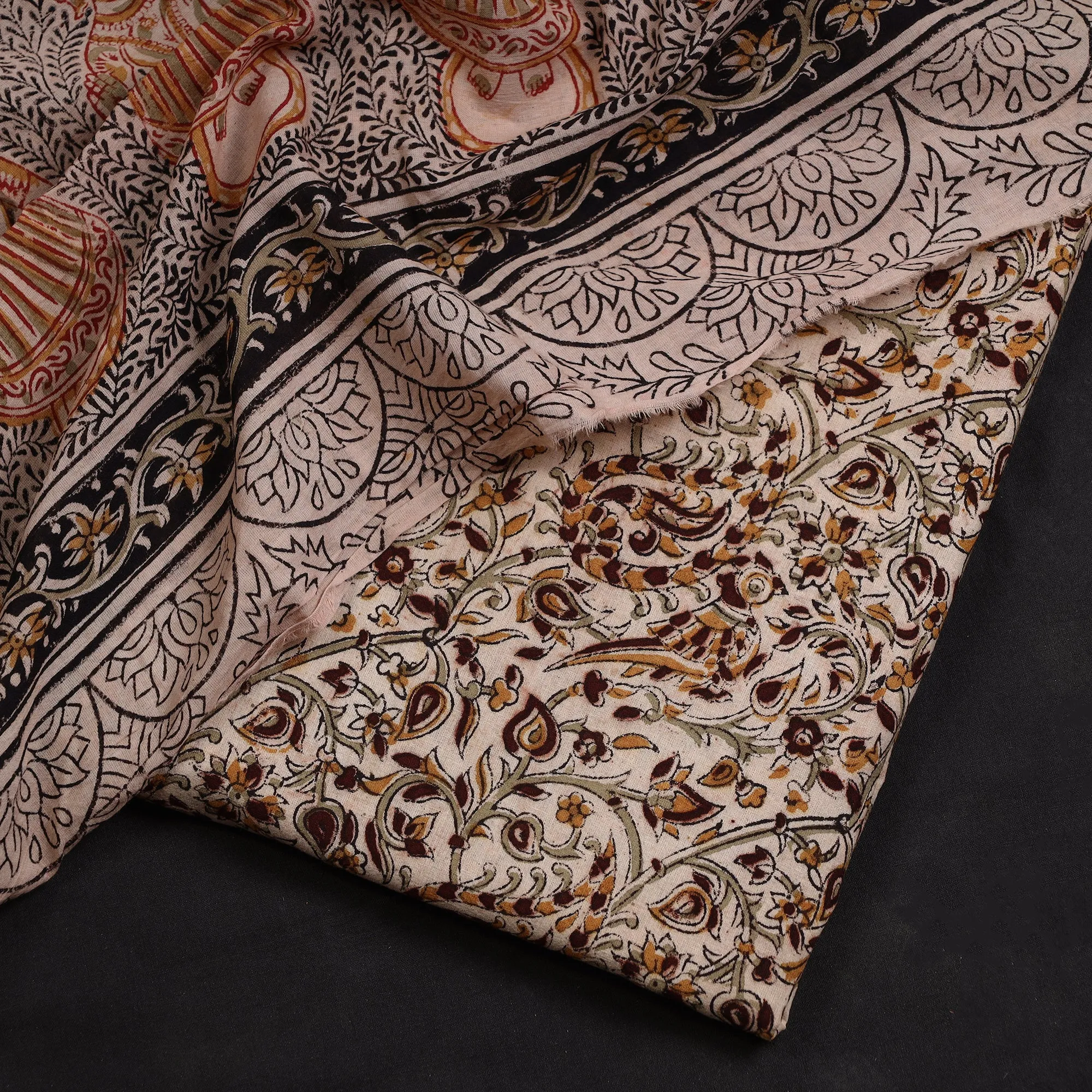 Beige - 2pc Pedana Kalamkari Block Printed Cotton Suit Material Set 07