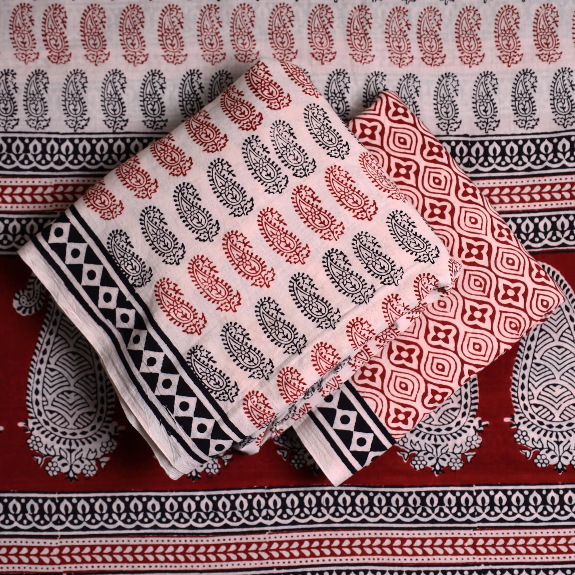 Beige - 3pc Bagh Print Cotton Dress Material Set 30