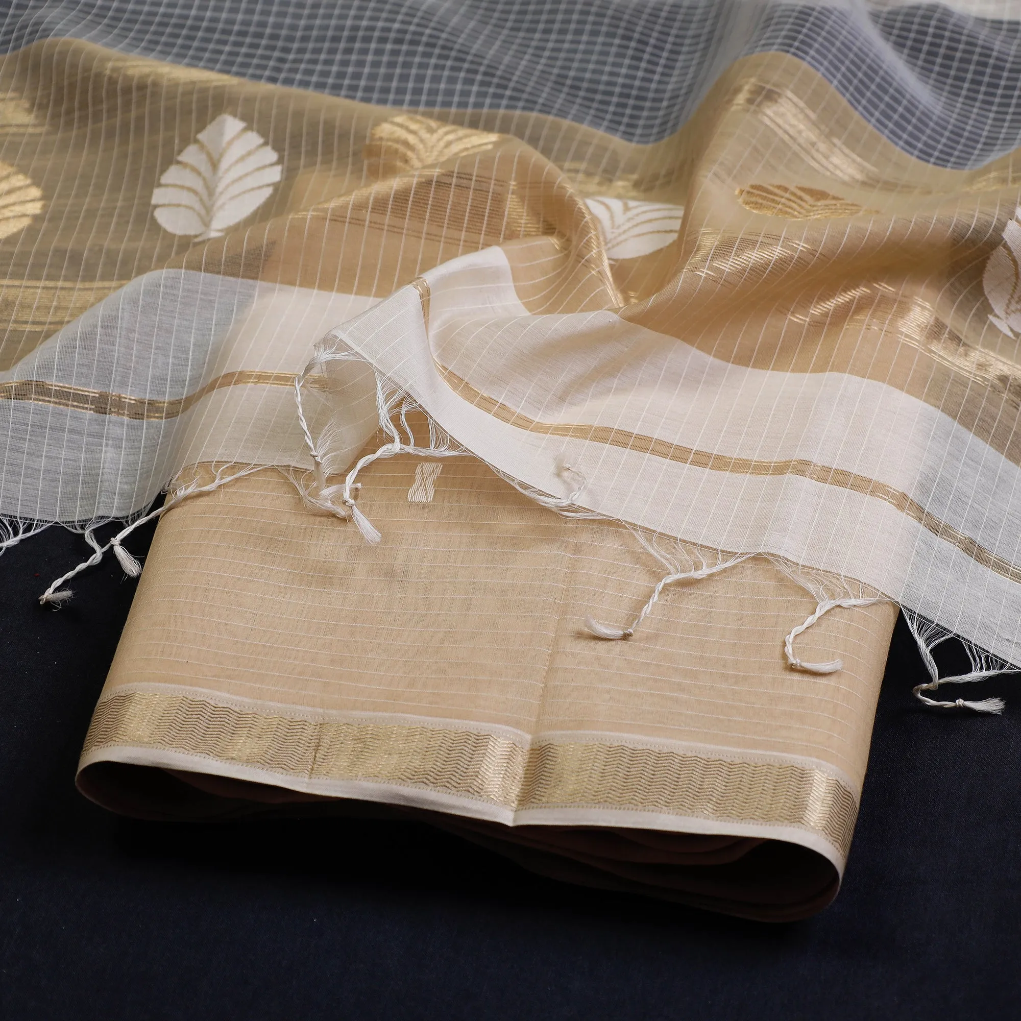 Beige - 3pc Chanderi Silk Handloom Thread & Zari Buti Suit Material Set