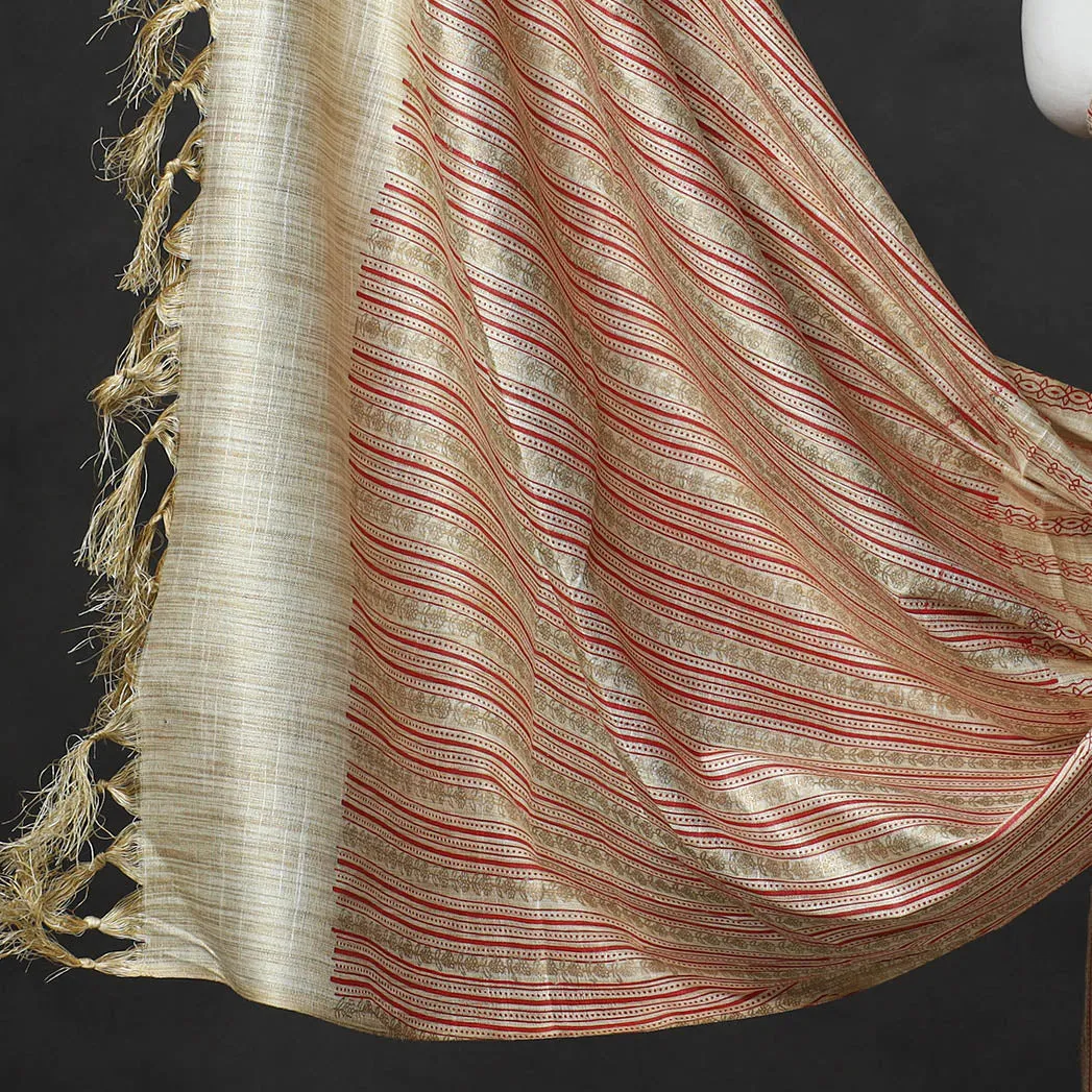 Beige - 3pc Gold Block Printed Silk Cotton Handloom Suit Material Set 14