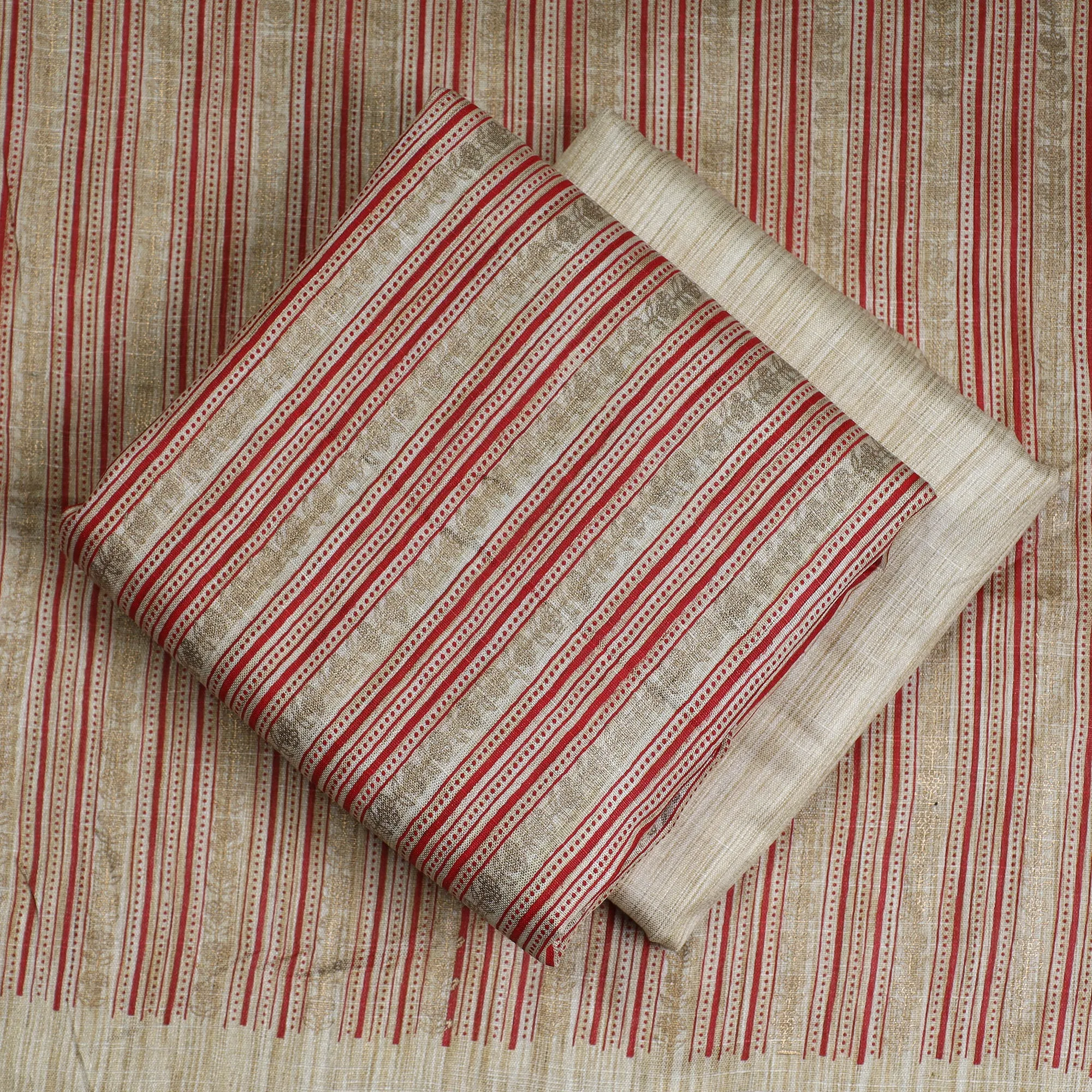 Beige - 3pc Gold Block Printed Silk Cotton Handloom Suit Material Set 14
