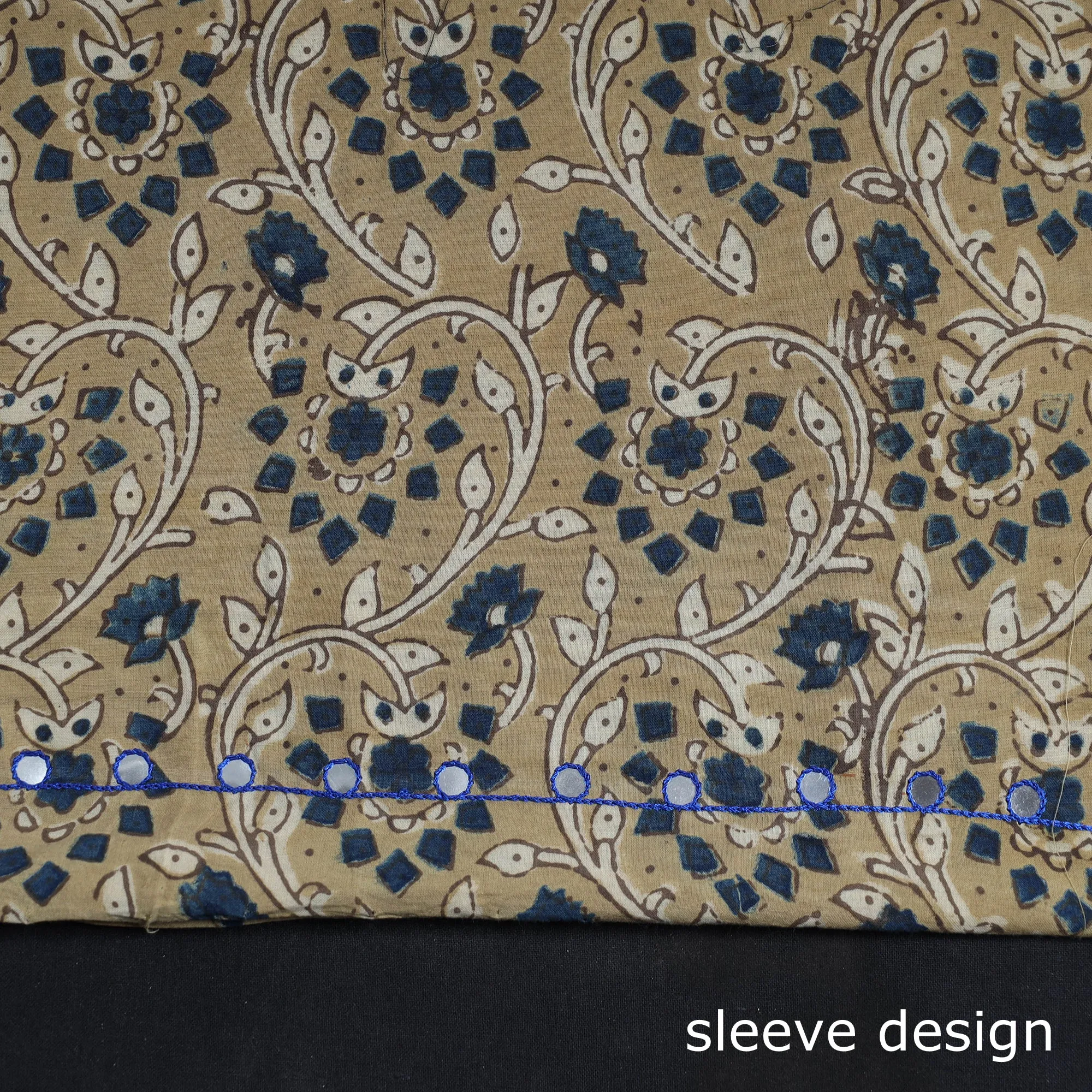 Beige - Bead Work Embroidery Ajrakh Block Printed Cotton Kurta Material - 2.6 meter