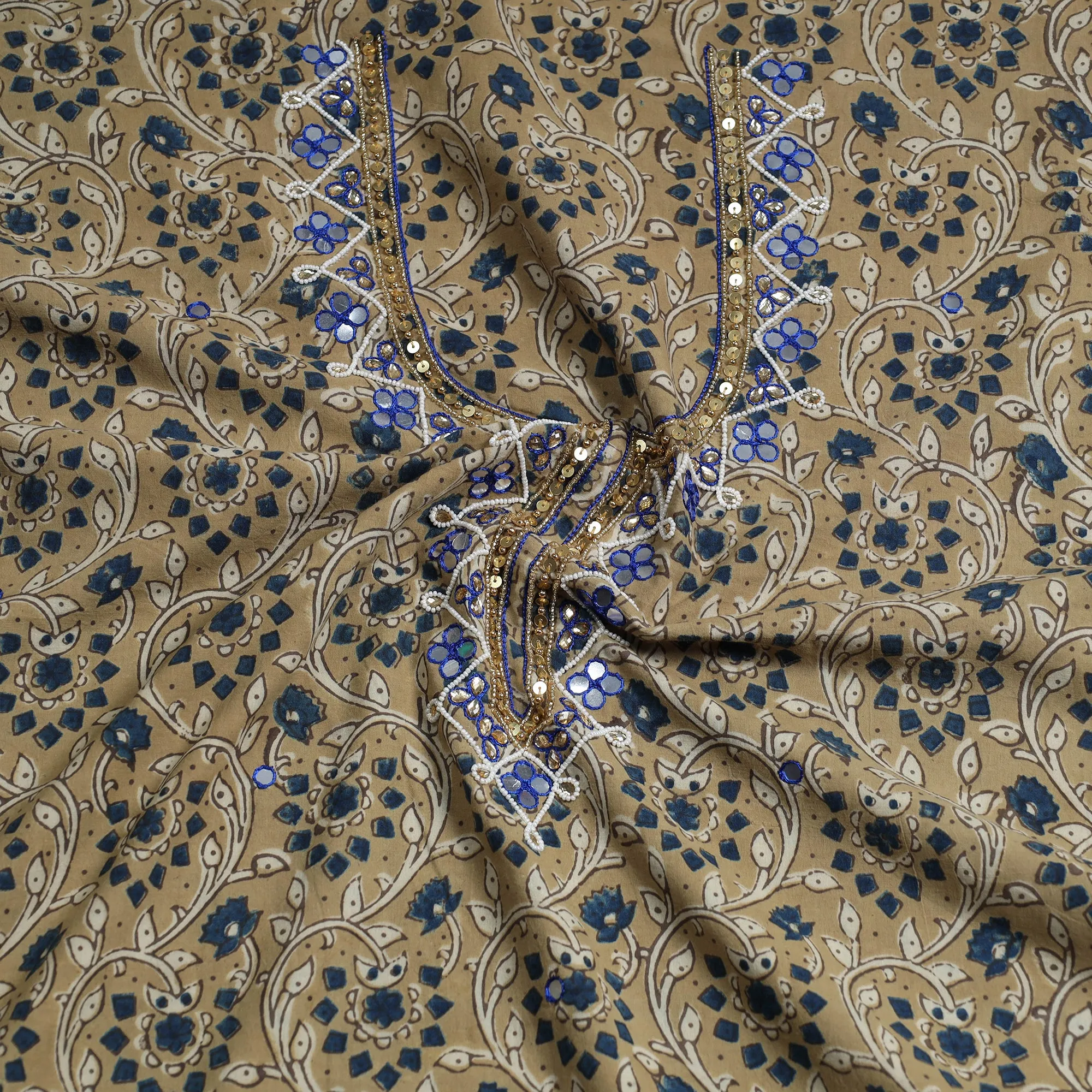 Beige - Bead Work Embroidery Ajrakh Block Printed Cotton Kurta Material - 2.6 meter