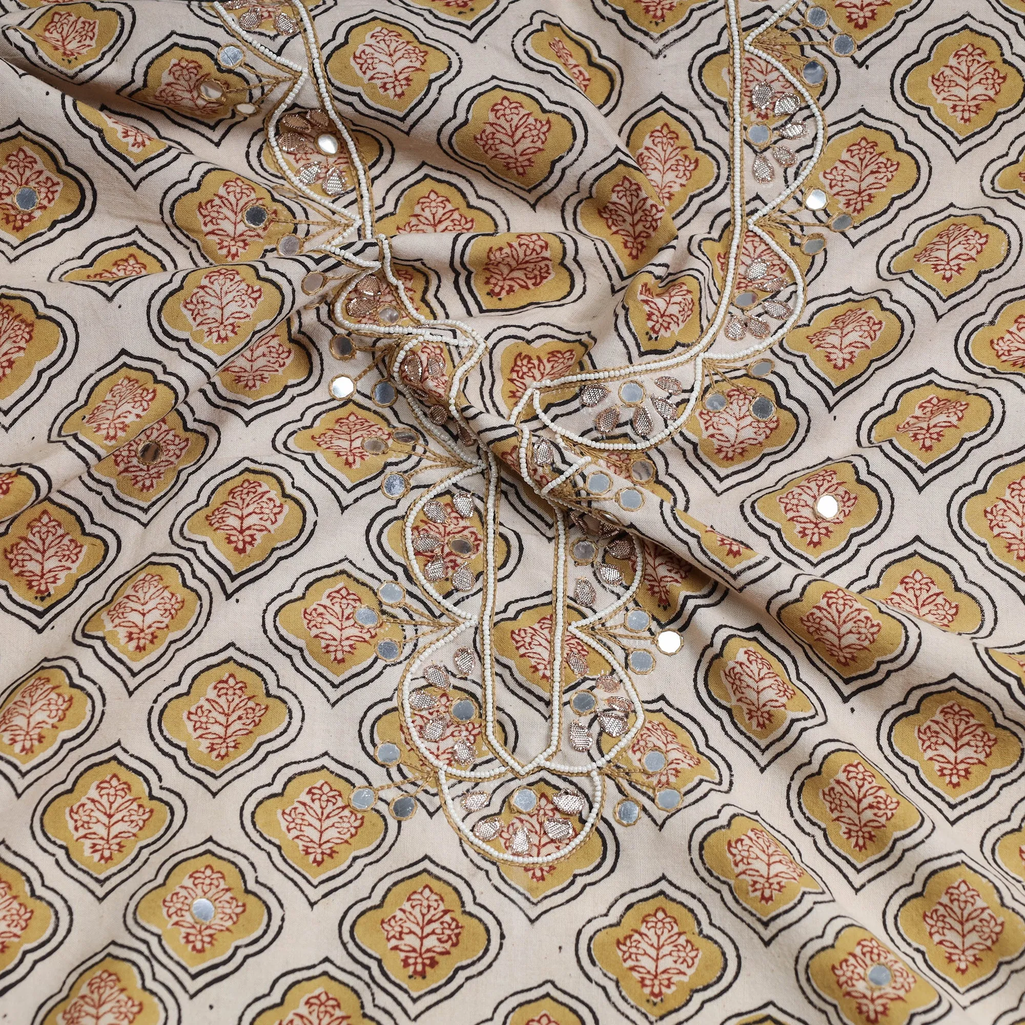 Beige - Bead Work Embroidery Kalamkari Block Printed Cotton Kurta Material - 2.6 meter