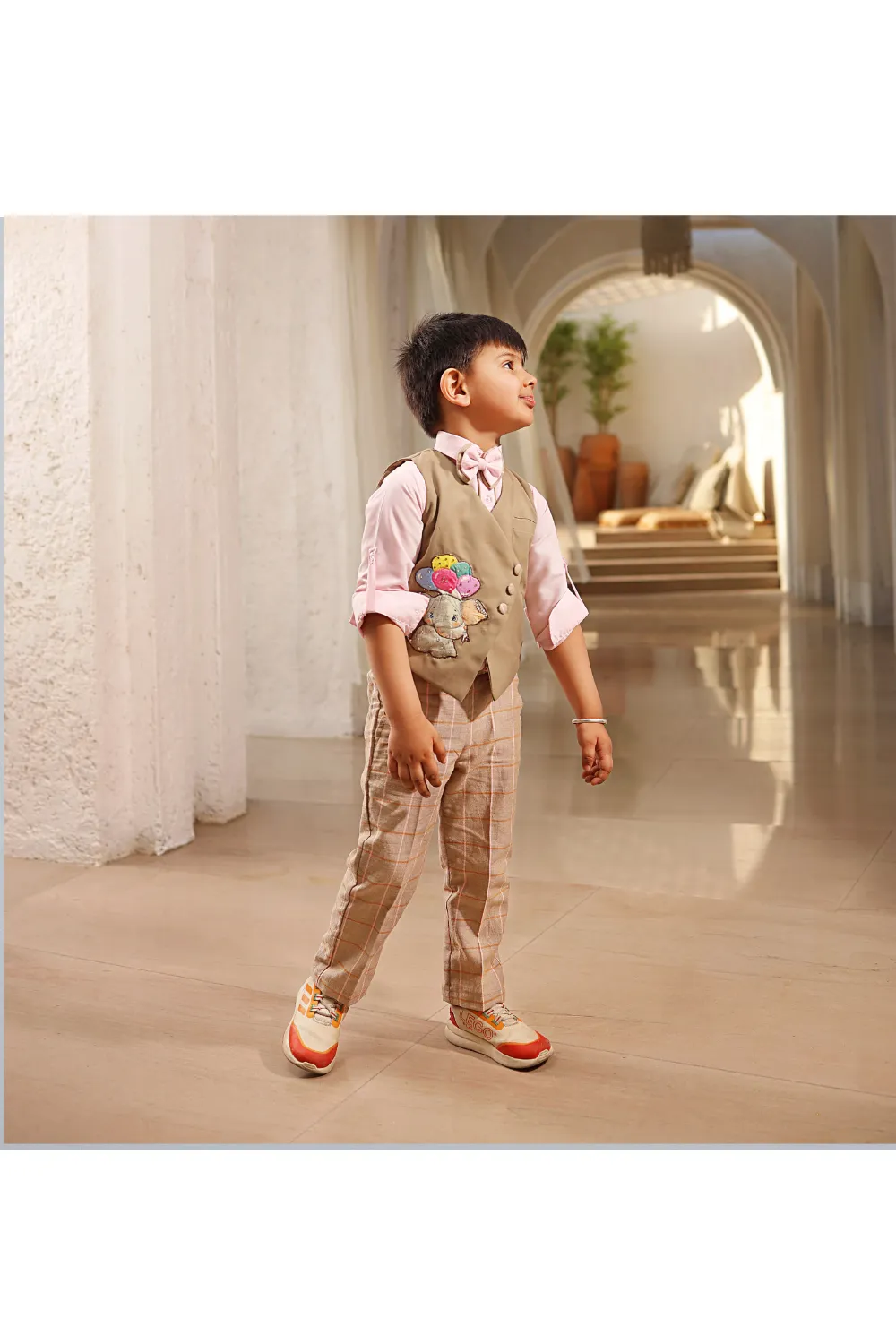 Beige Elephant Motifs Waist Coat With Shirt And Pant Set