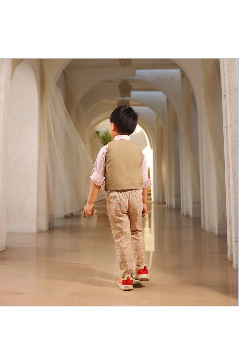 Beige Elephant Motifs Waist Coat With Shirt And Pant Set