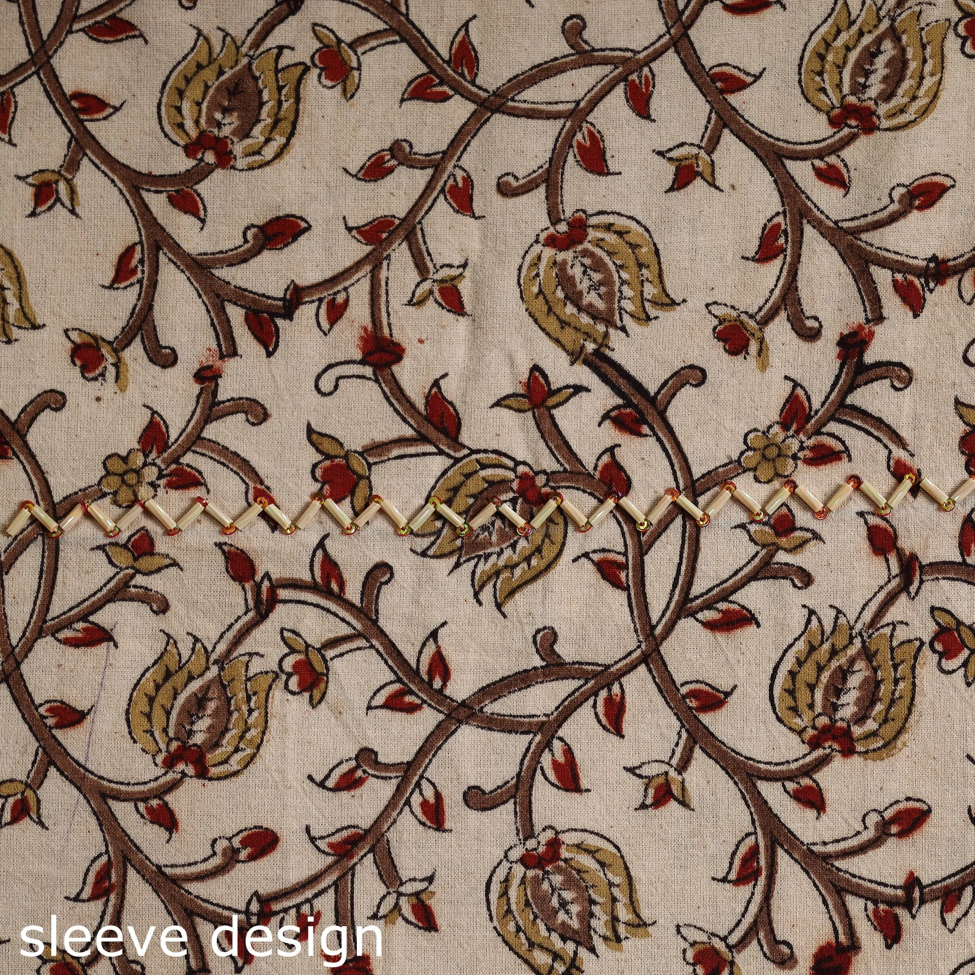 Beige - Embroidered Kalamkari Block Print Cotton Kurta Material with Beads - 2.6 Meter