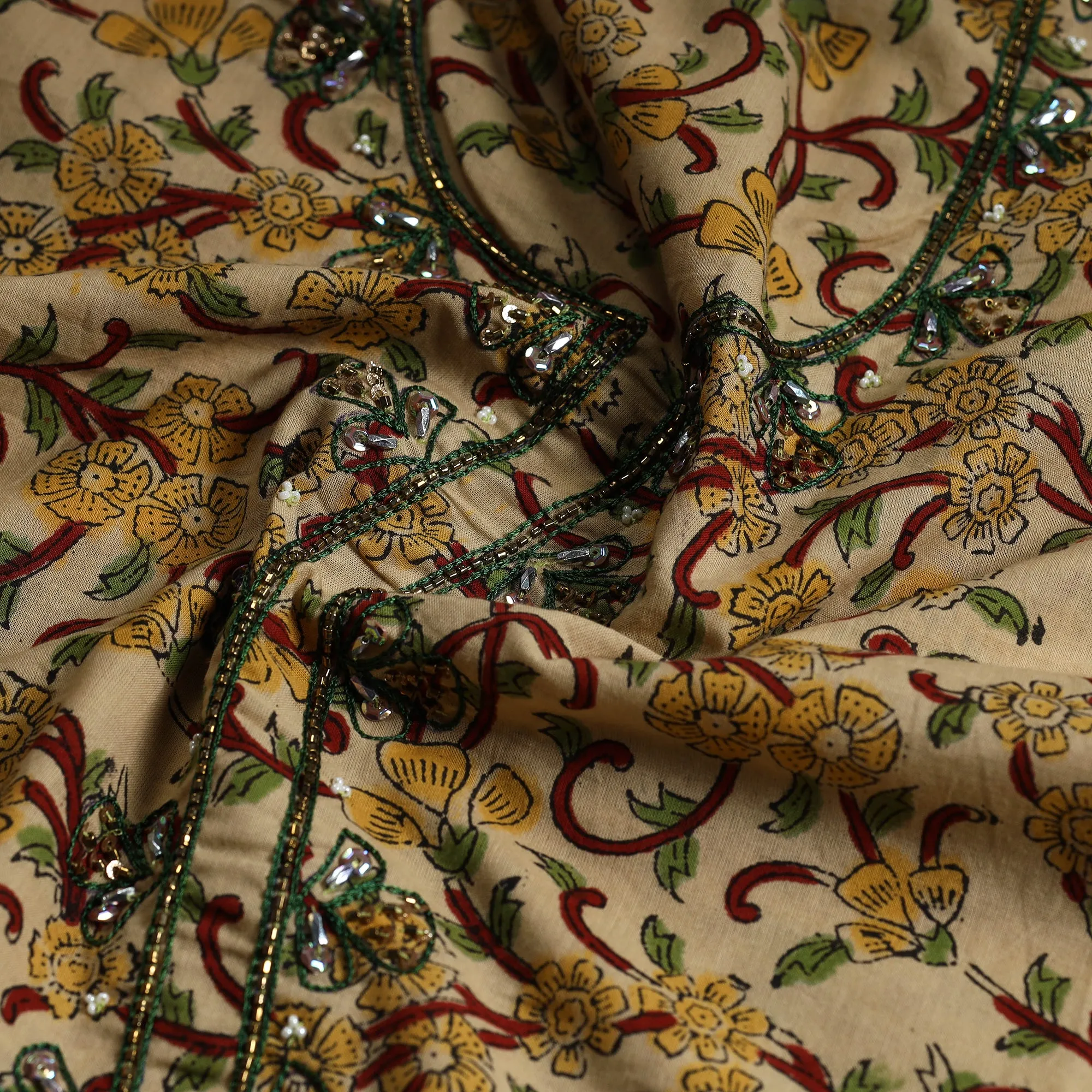 Beige - Embroidered Sanganeri Block Print Cotton Kurta Material with Beads - 2.5 Meter