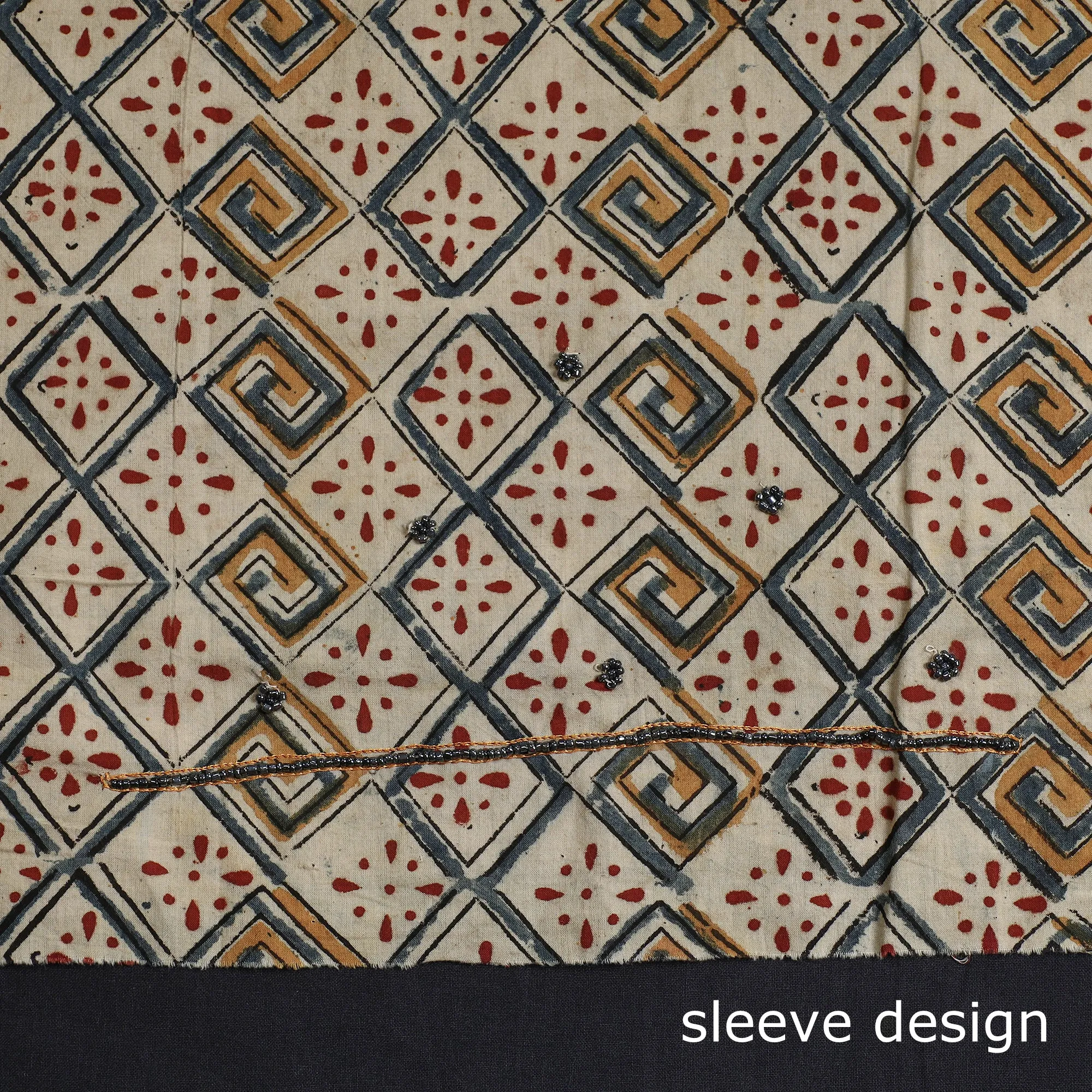 Beige - Kalamkari Block Printed Kundan & Bead Work Hand Embroidery Cotton Kurta Material - 2.5 Meter