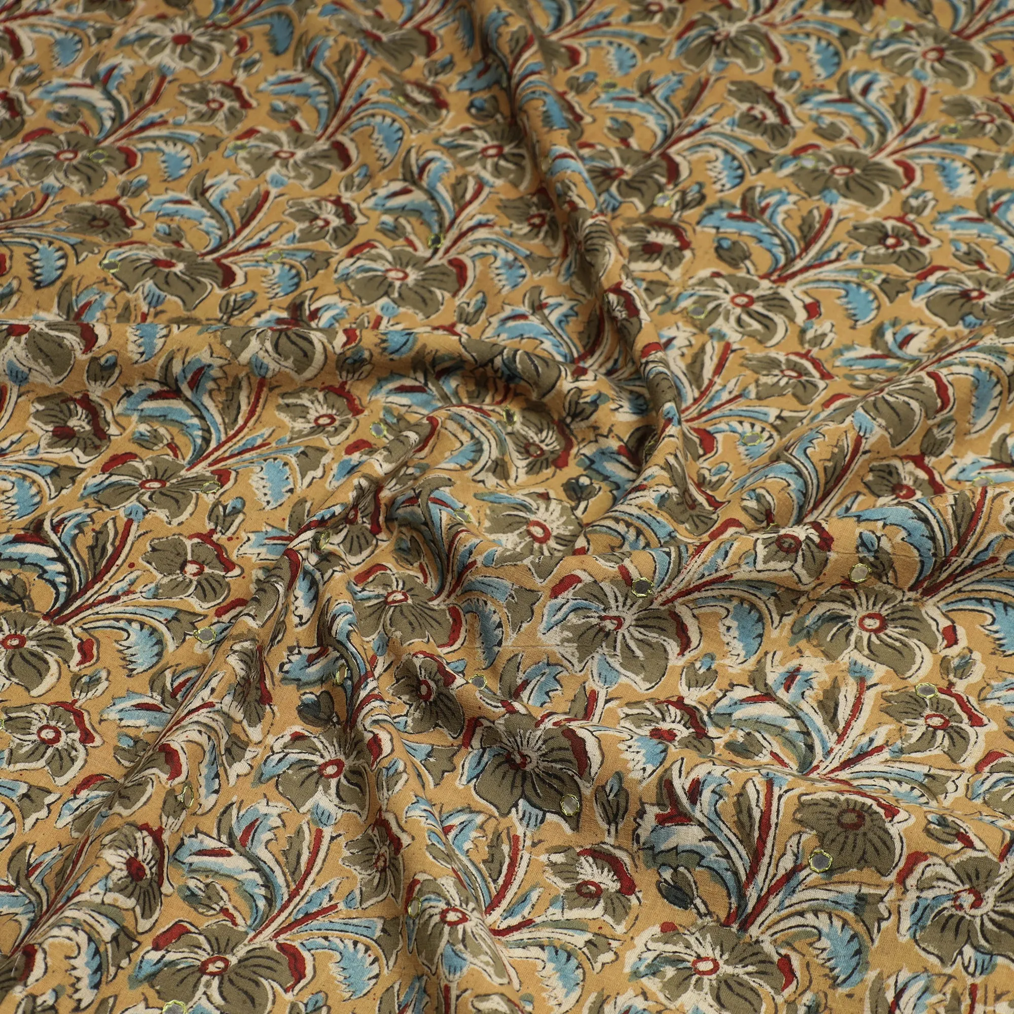 Beige - Kalamkari Block Printed Sequin Work Cotton Kurta Material - 2.6 Meter