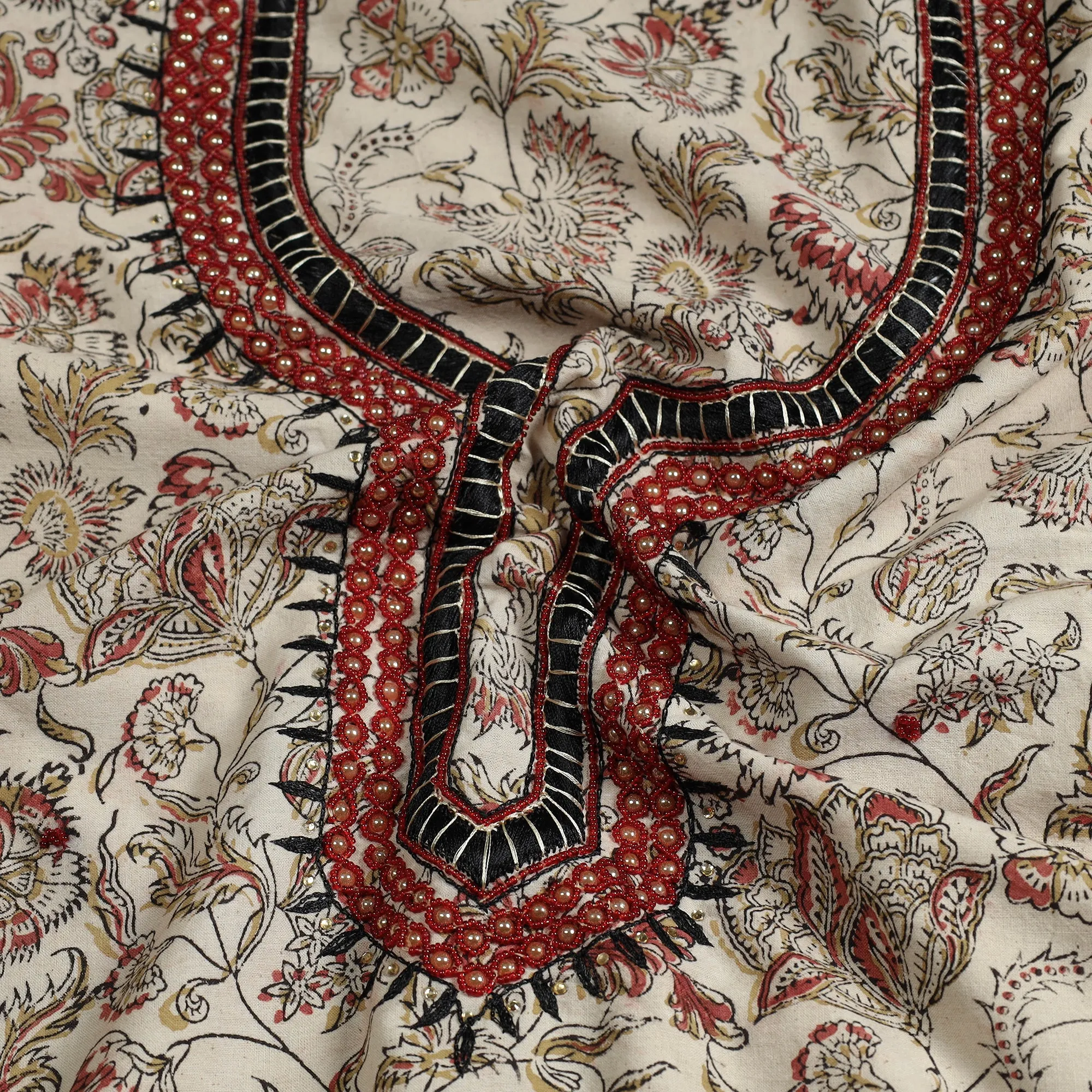 Beige - Kalamkari Block Printed Thread & Bead Work Embroidered Cotton Kurta Material - 2.6 Meter