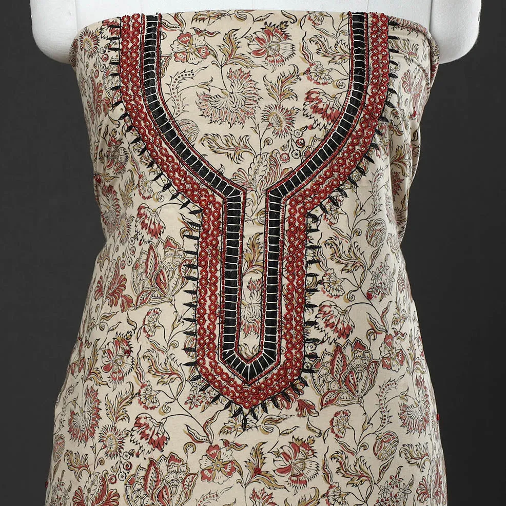 Beige - Kalamkari Block Printed Thread & Bead Work Embroidered Cotton Kurta Material - 2.6 Meter