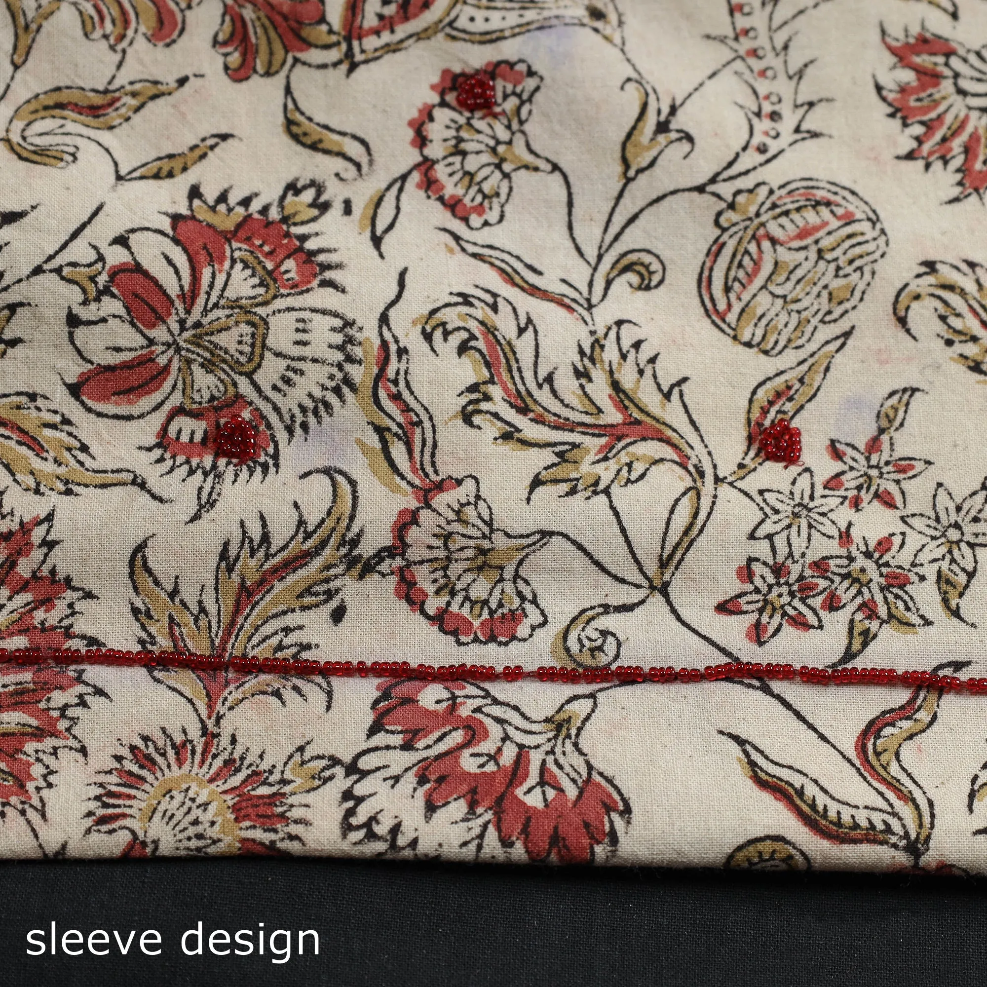 Beige - Kalamkari Block Printed Thread & Bead Work Embroidered Cotton Kurta Material - 2.6 Meter