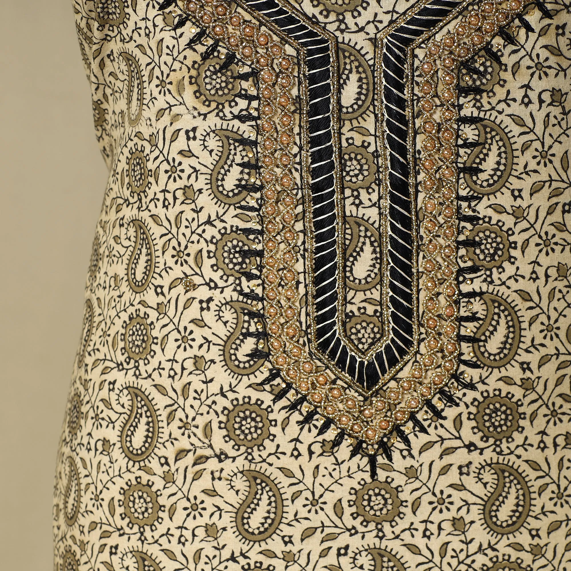 Beige - Kalamkari Block Printed Thread & Bead Work Embroidered Cotton Kurta Material - 2.75 Meter