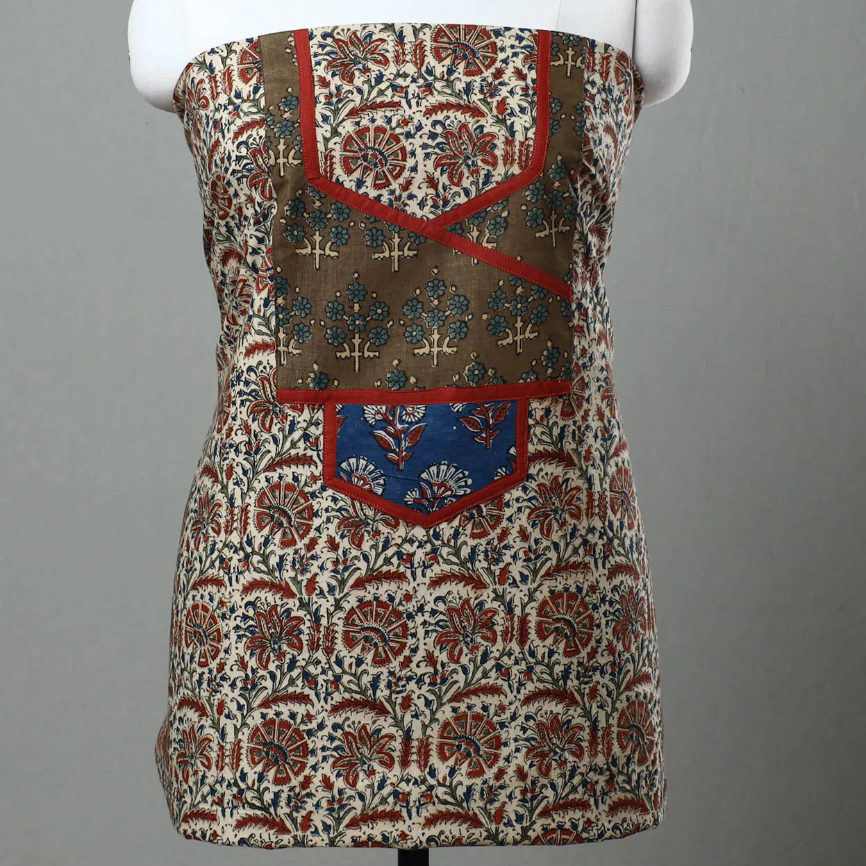 Beige - Kalamkari Print Cotton Kurta Material with Patchwork (3m) 08
