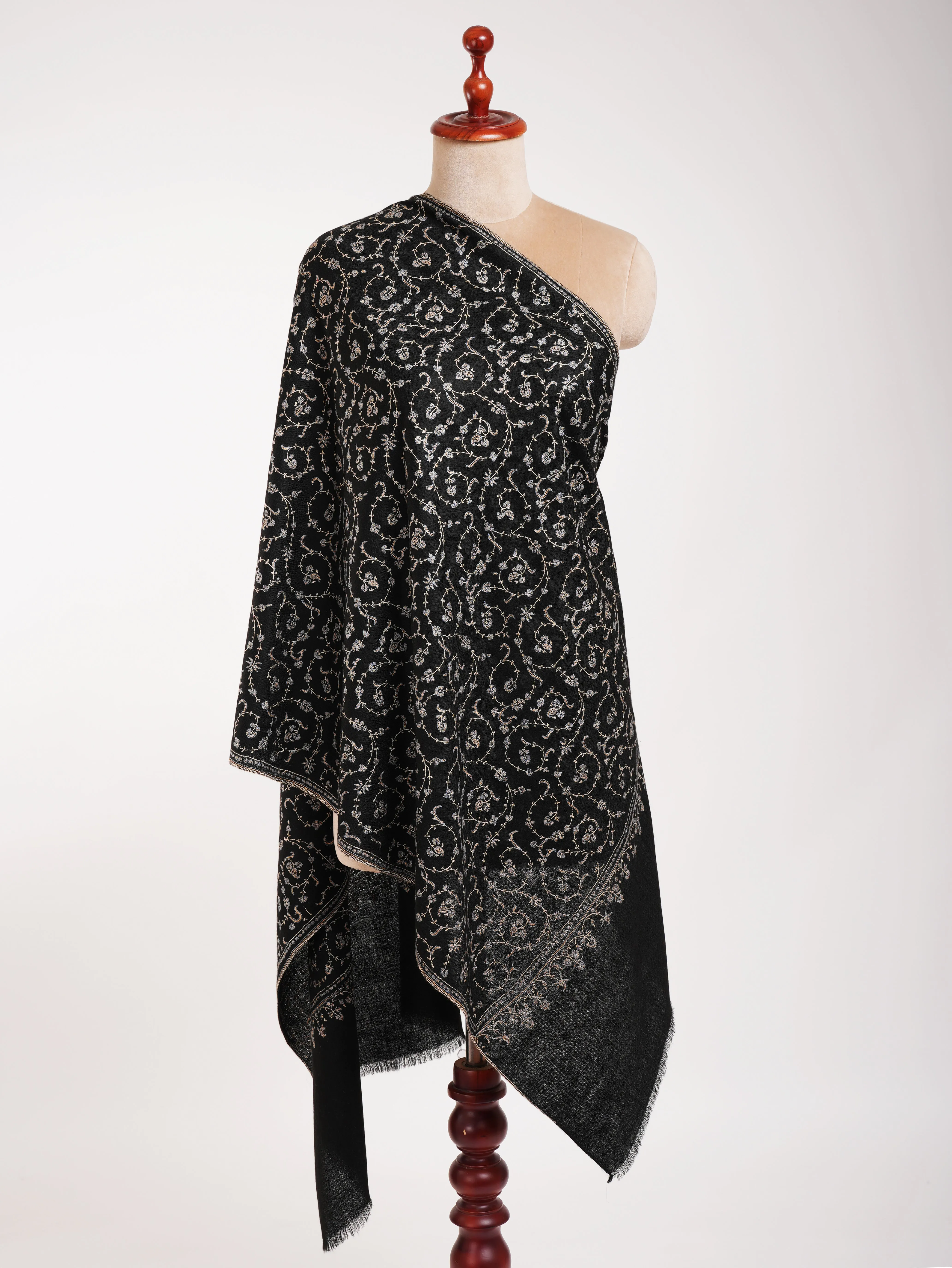 Black Indian Cashmere Lightweight Scarf with Hand Embroidery