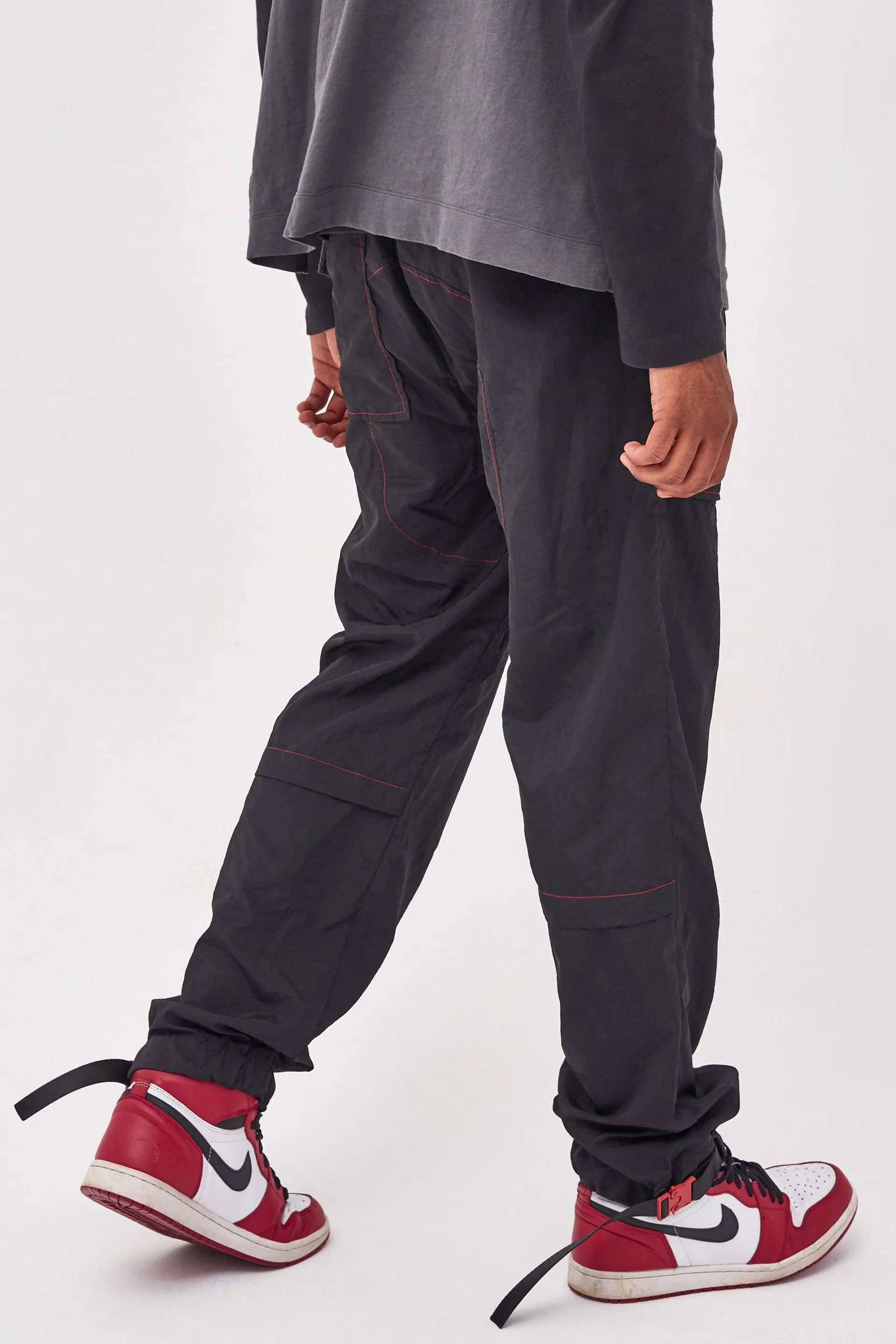 Black Nylon Joggers With Red Stitching Detail
