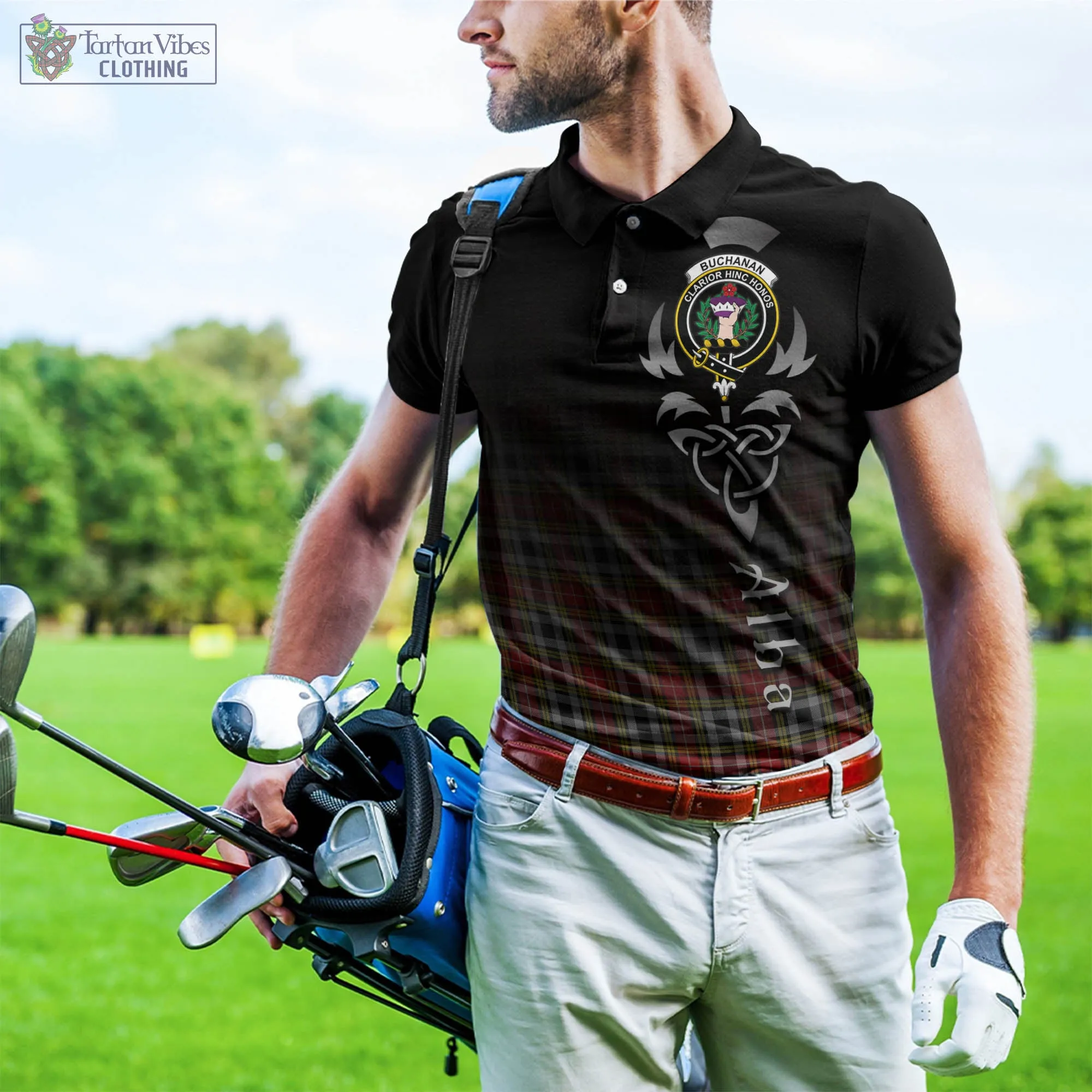 Buchanan Old Dress Tartan Polo Shirt Featuring Alba Gu Brath Family Crest Celtic Inspired