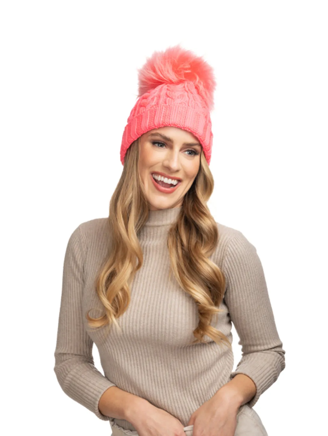 Charlie Cable Knit Hat - Neon Coral