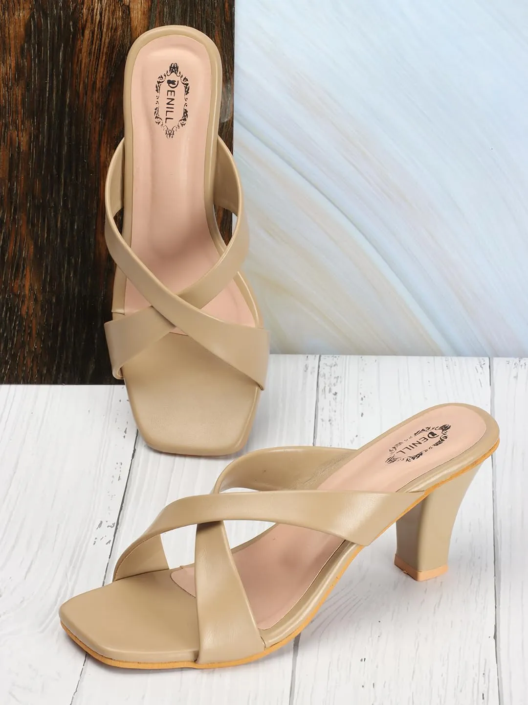 Denill Women Cross Strap Cone Heels (Beige) UK- 6