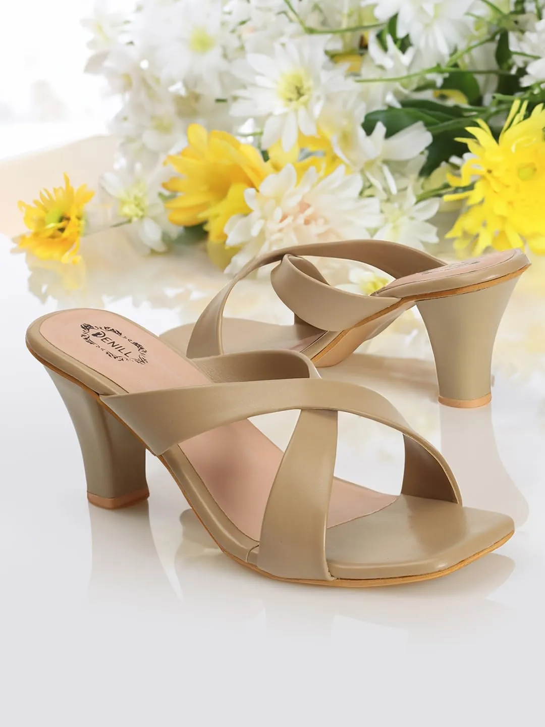 Denill Women Cross Strap Cone Heels (Beige) UK- 6