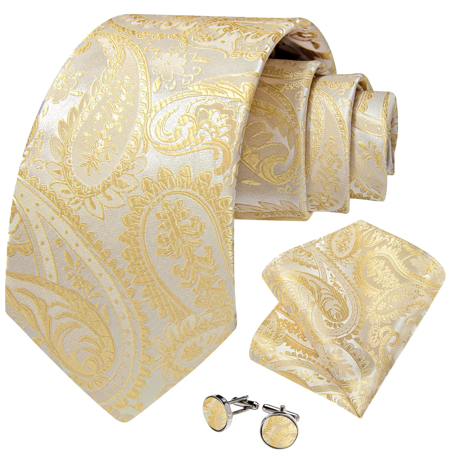 DiBanGu Dress Tie Blonde Yellow Paisley Men's Silk Tie Hanky Cufflinks Set