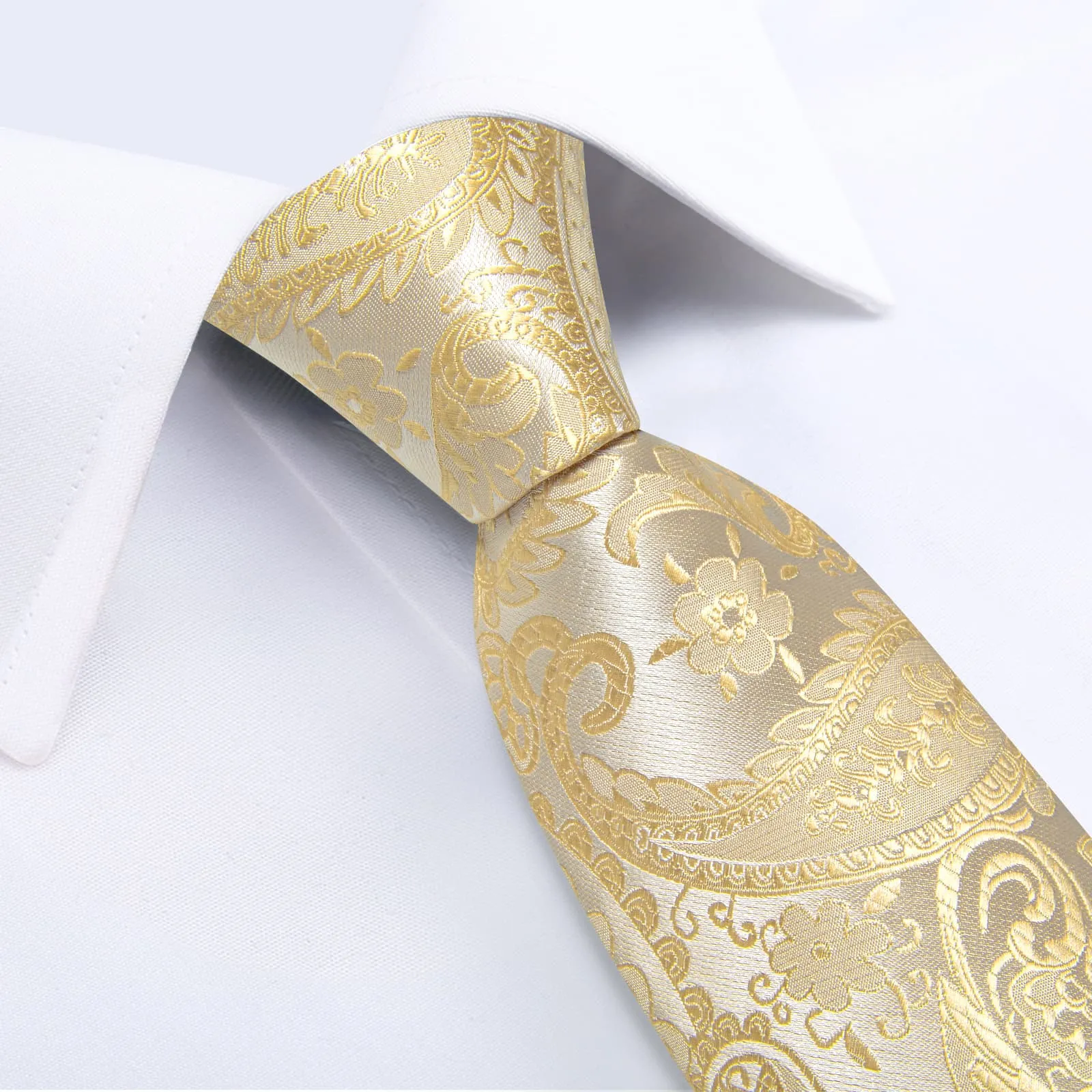 DiBanGu Dress Tie Blonde Yellow Paisley Men's Silk Tie Hanky Cufflinks Set