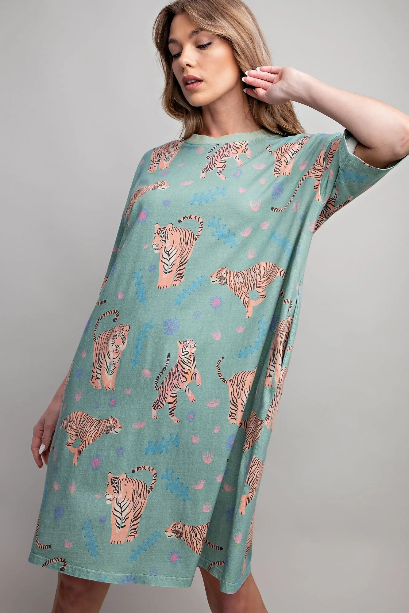 Easel Tiger Print T Shirt Dress in Sage FINAL SALE