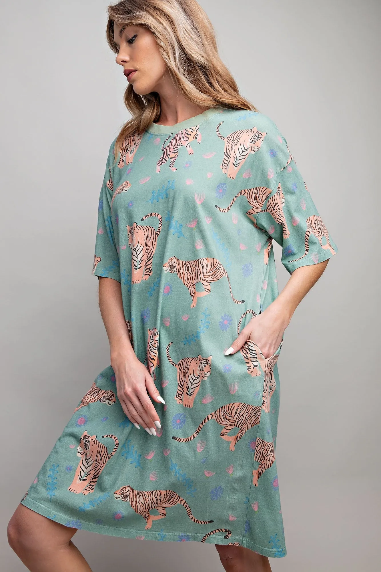 Easel Tiger Print T Shirt Dress in Sage FINAL SALE