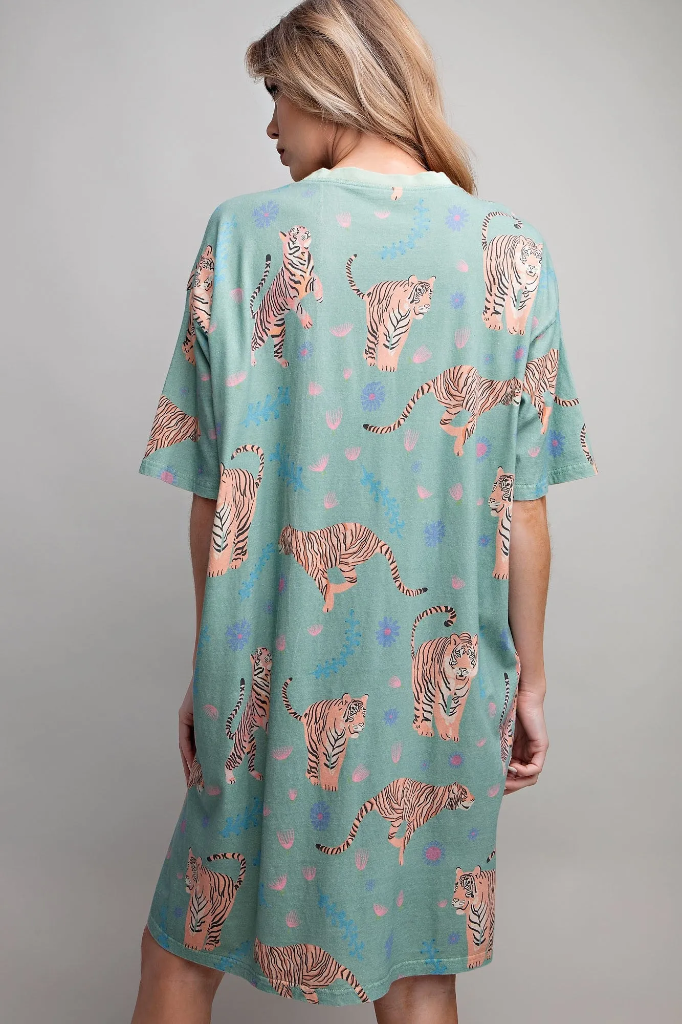 Easel Tiger Print T Shirt Dress in Sage FINAL SALE