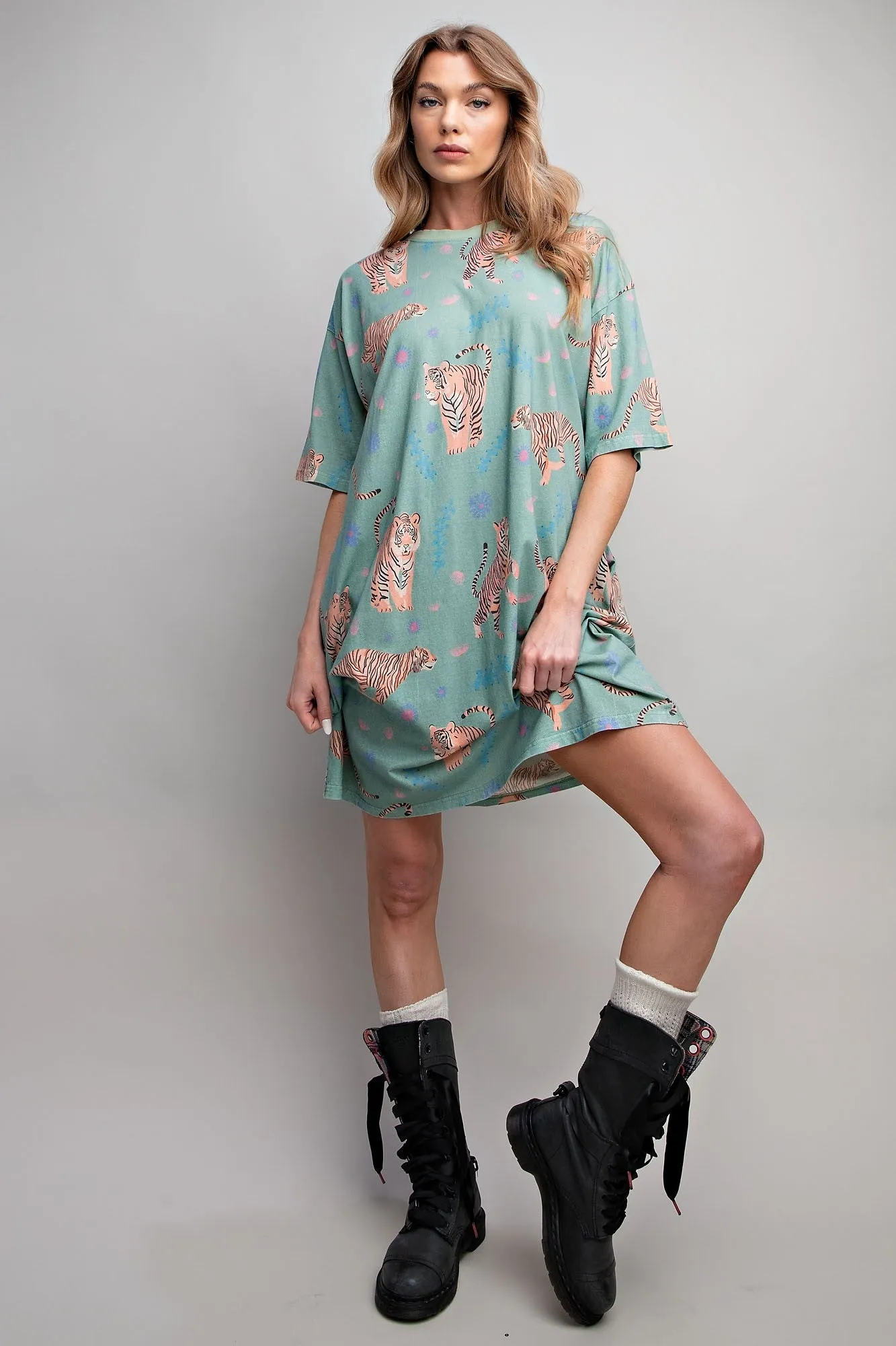 Easel Tiger Print T Shirt Dress in Sage FINAL SALE