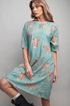 Easel Tiger Print T Shirt Dress in Sage FINAL SALE