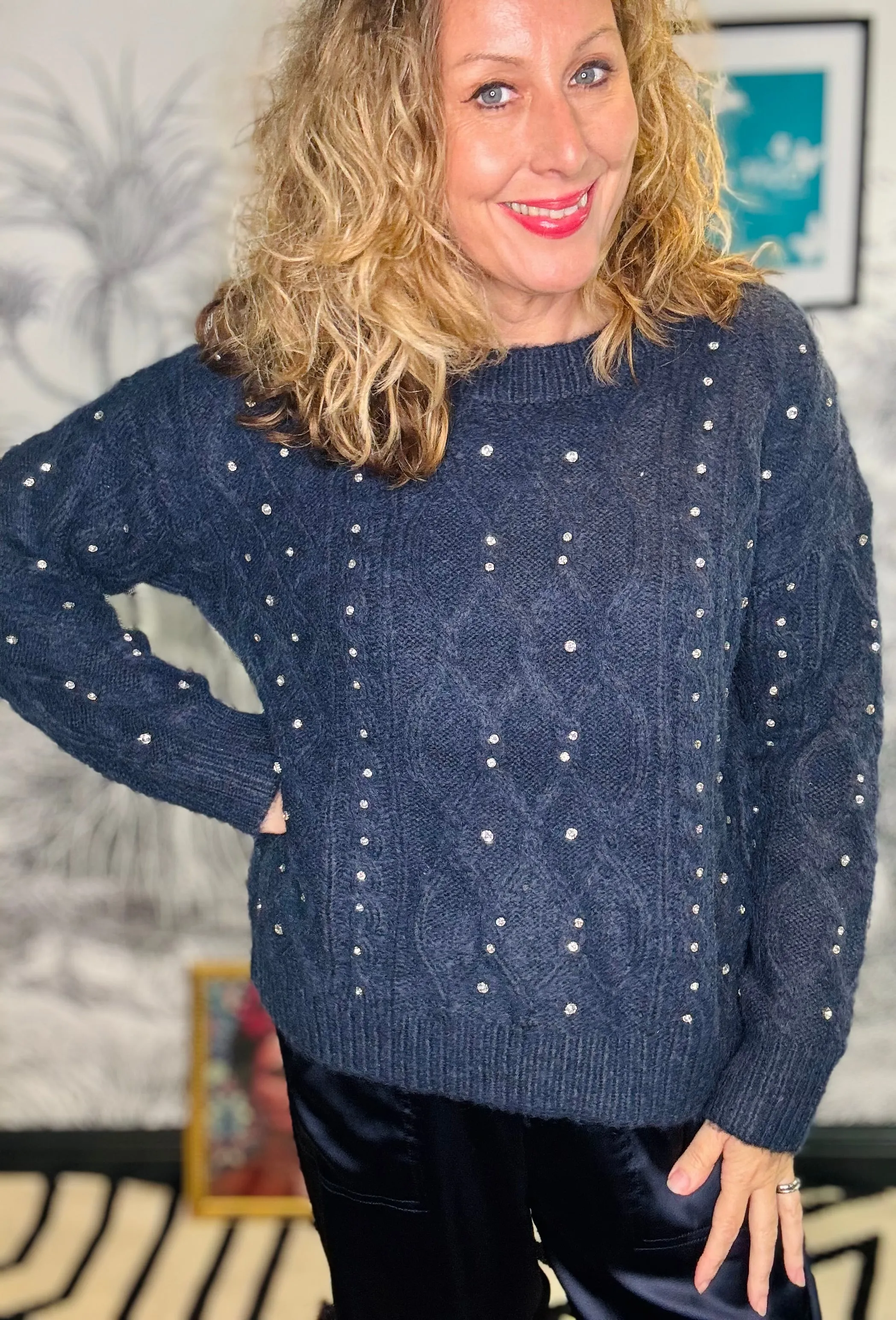 Erica Diamante Stud Cable Knit Jumper