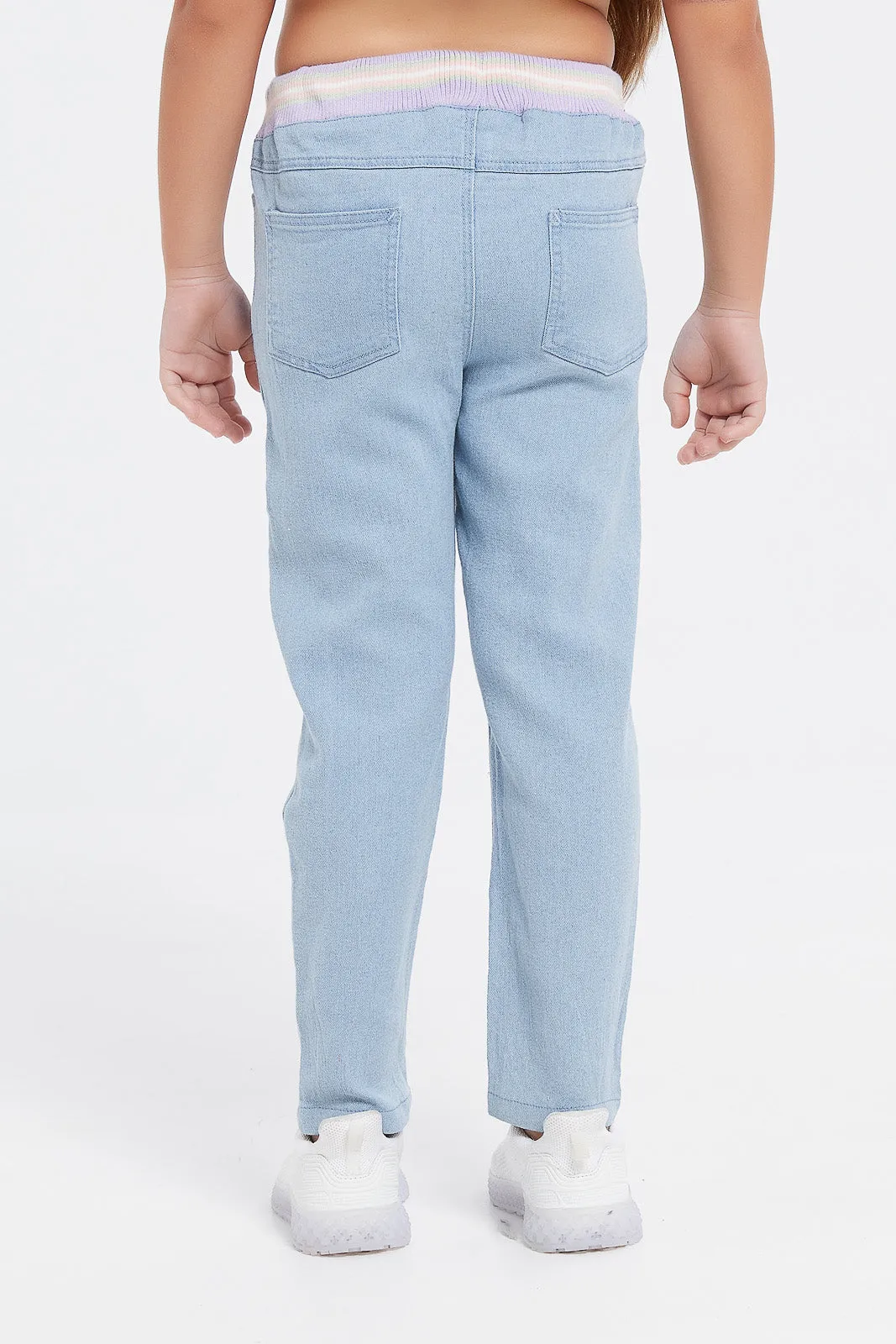 Girls Blue Joggers With Rib Waist Band