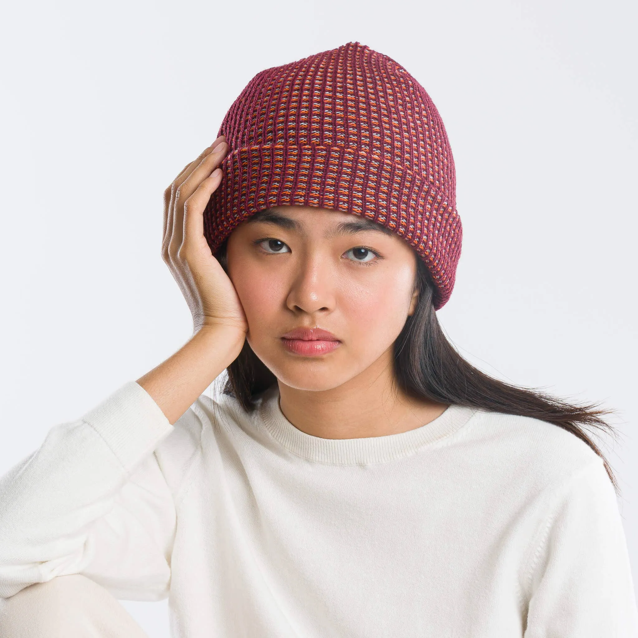 Grid Knit Beanie - Wine Red
