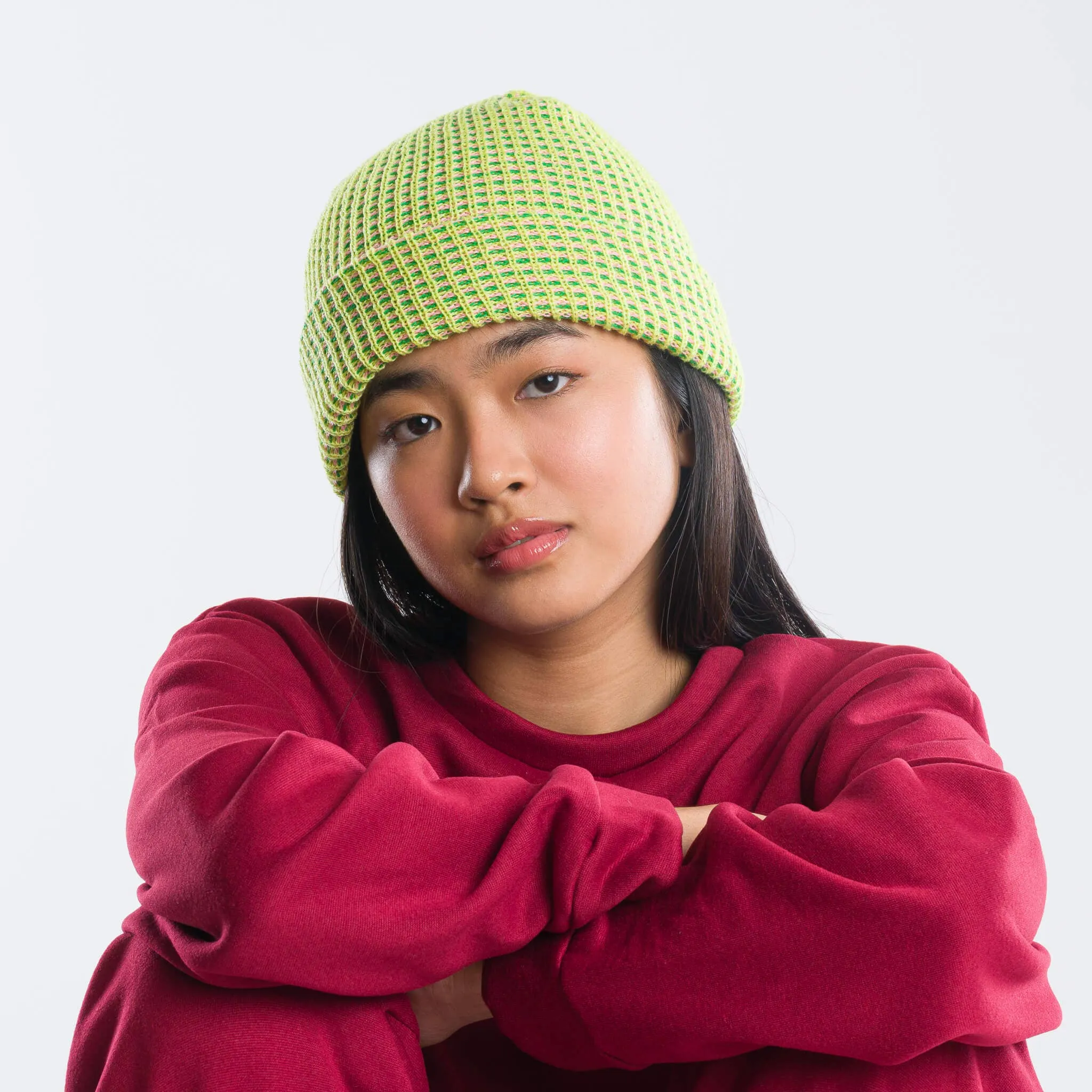 Grid Knit Beanie - Wine Red