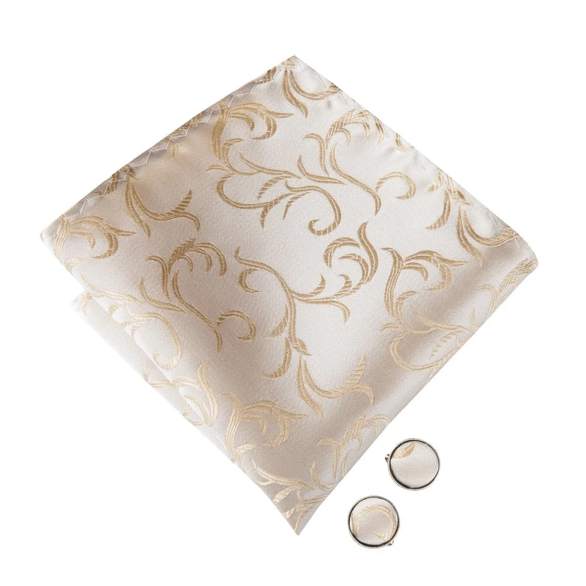 Hi-Tie Champagne Beige White Pre-tied Bow Tie Hanky Cufflinks Pin Set
