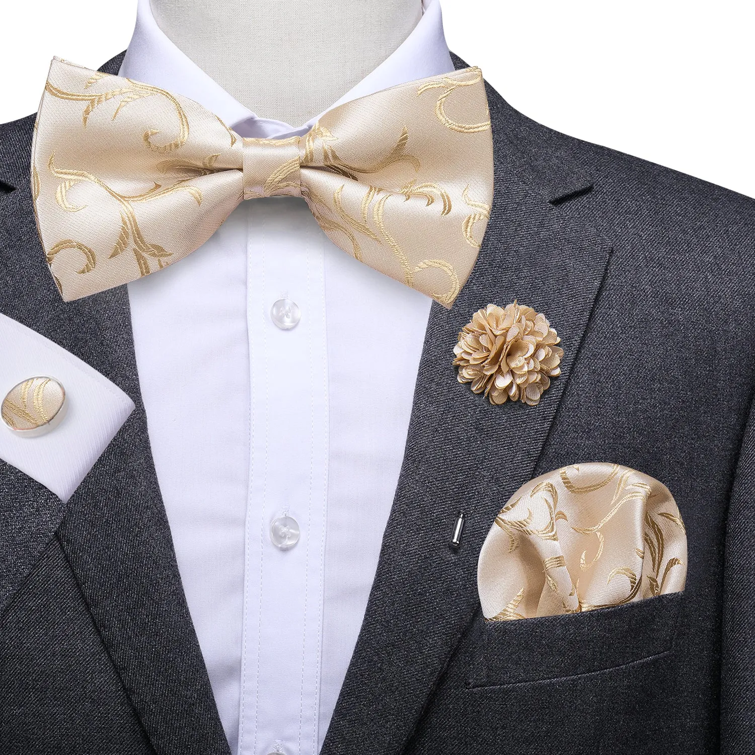 Hi-Tie Champagne Beige White Pre-tied Bow Tie Hanky Cufflinks Pin Set