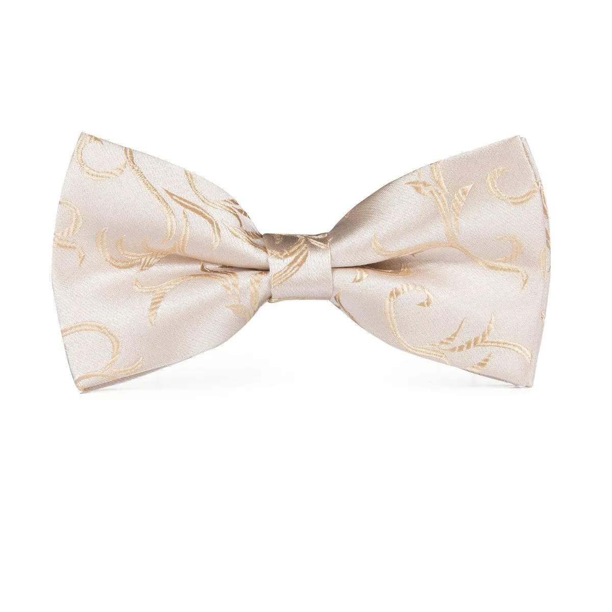 Hi-Tie Champagne Beige White Pre-tied Bow Tie Hanky Cufflinks Pin Set