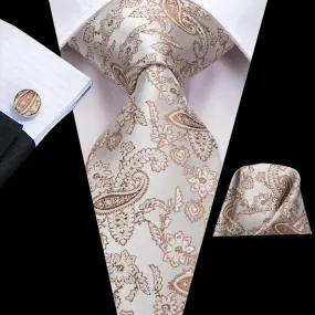 Hi-Tie Light Beige Brown Line Paisley Tie Pocket Square Cufflinks Set