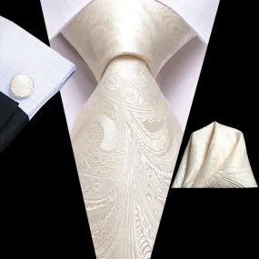 Hi-Tie Light Beige Paisley Men's Necktie Pocket Square Cufflinks Set