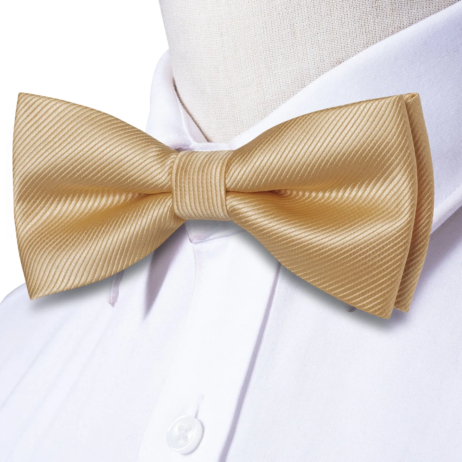 Hi-Tie Mens Necktie Beige Striped Pre-tied Bow Tie Hanky Cufflinks Set