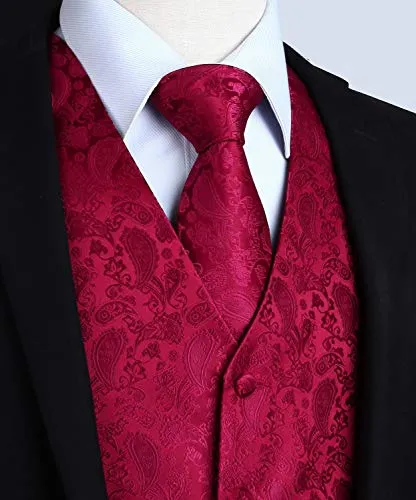 HISDERN Gilet da uomo Paisley floreale jacquard floreale cravatta tasca quadrata fazzoletto vestito set Borgogna