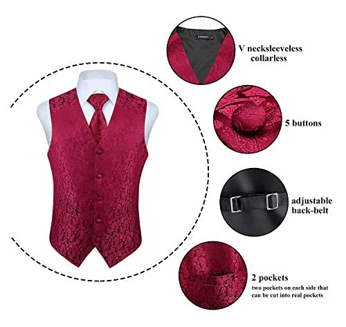 HISDERN Gilet da uomo Paisley floreale jacquard floreale cravatta tasca quadrata fazzoletto vestito set Borgogna