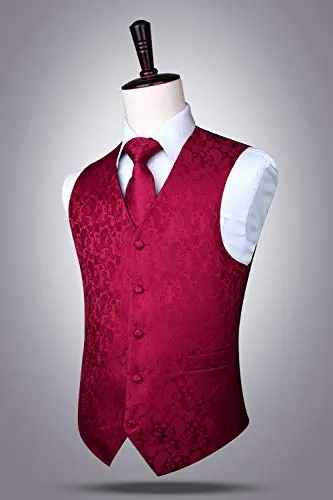 HISDERN Gilet da uomo Paisley floreale jacquard floreale cravatta tasca quadrata fazzoletto vestito set Borgogna