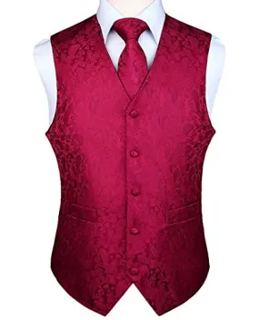 HISDERN Gilet da uomo Paisley floreale jacquard floreale cravatta tasca quadrata fazzoletto vestito set Borgogna