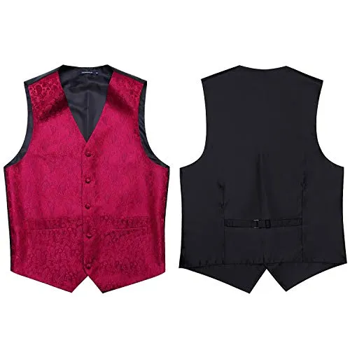 HISDERN Gilet da uomo Paisley floreale jacquard floreale cravatta tasca quadrata fazzoletto vestito set Borgogna