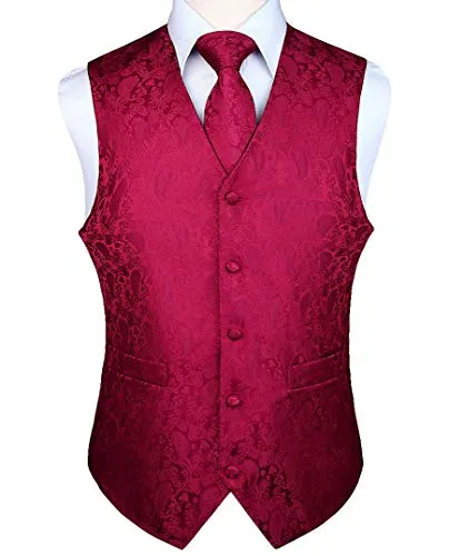 HISDERN Gilet da uomo Paisley floreale jacquard floreale cravatta tasca quadrata fazzoletto vestito set Borgogna